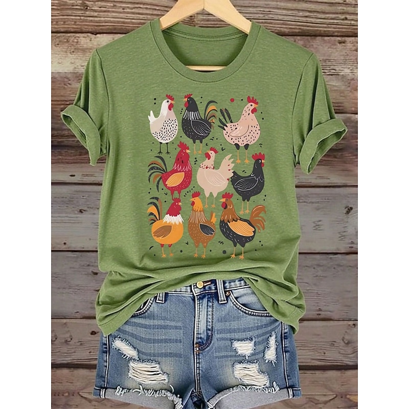 Women's T Shirt Graphic Animal Rooster Vintage Stylish Classic Short Sleeve Round Neck Regular Tops Daily Print Black Red Green Summer