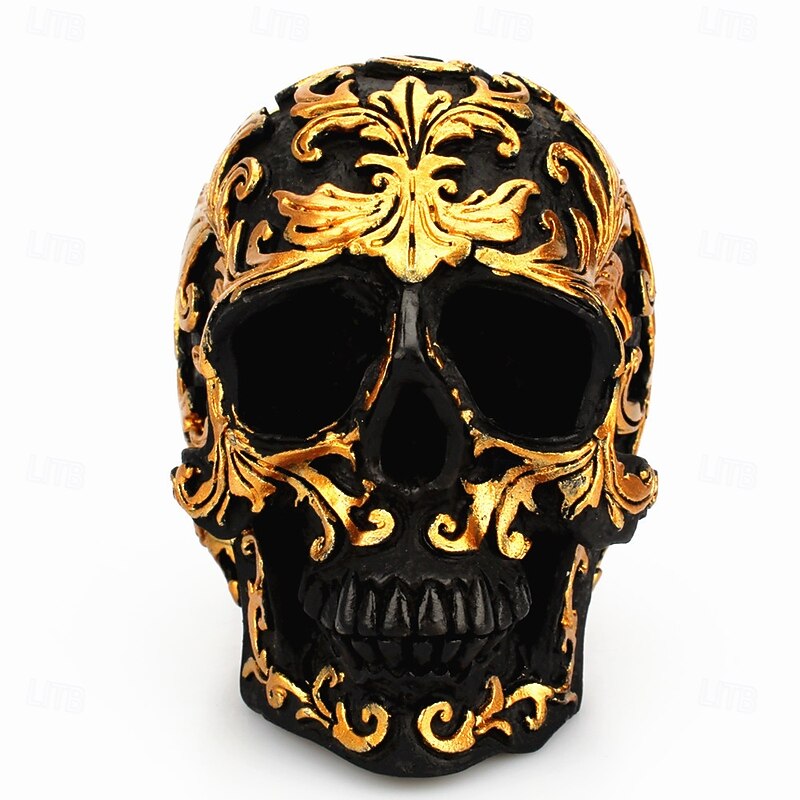 Halloween Statue Creative Small Patterned Skull Ornament Rose Gold Art Decor Unique Home Accent Halloween Party Decoration Gothic Stylish Resin Craft Display