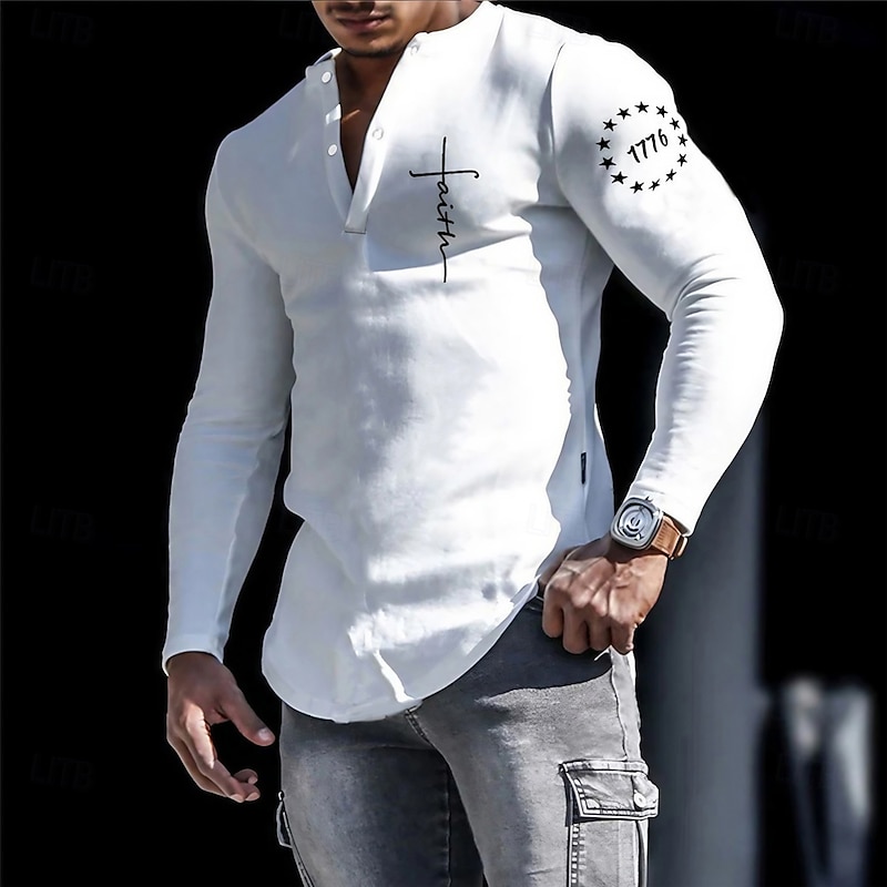 Men's Henley Shirt Cool Shirt Long Sleeve Shirt Long Sleeve Henley Spring &  Fall Letter Graphic Prints Designer Basic Casual Street Sports Holiday Black White Blue Top Tee for Men3
