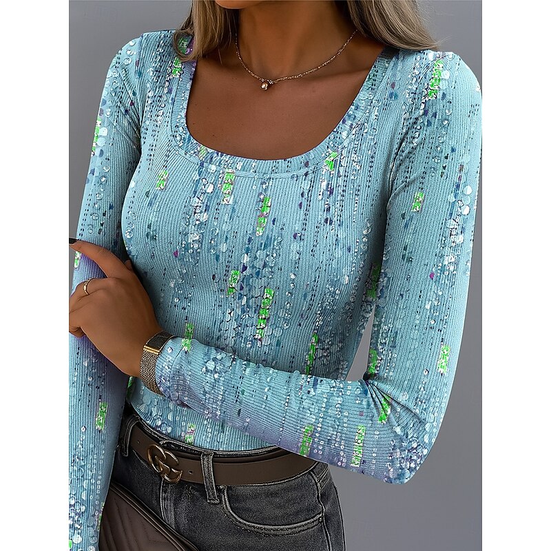 Women's T Shirt Ribbed Graphic Square Neck Long Sleeve Casual Ombre Abstract Vintage Stylish Regular Tops Daily Going out Weekend Print Pink Blue Purple Green Spring Fall2