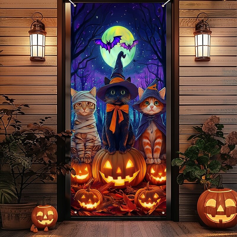 Halloween Door Cover Neon Scarecrow with Pumpkins Banner, Glowing Blacklight Entrance Decoration for Outdoor & Indoor 2025 Halloween Bedroom, Living Room, Bathroom3