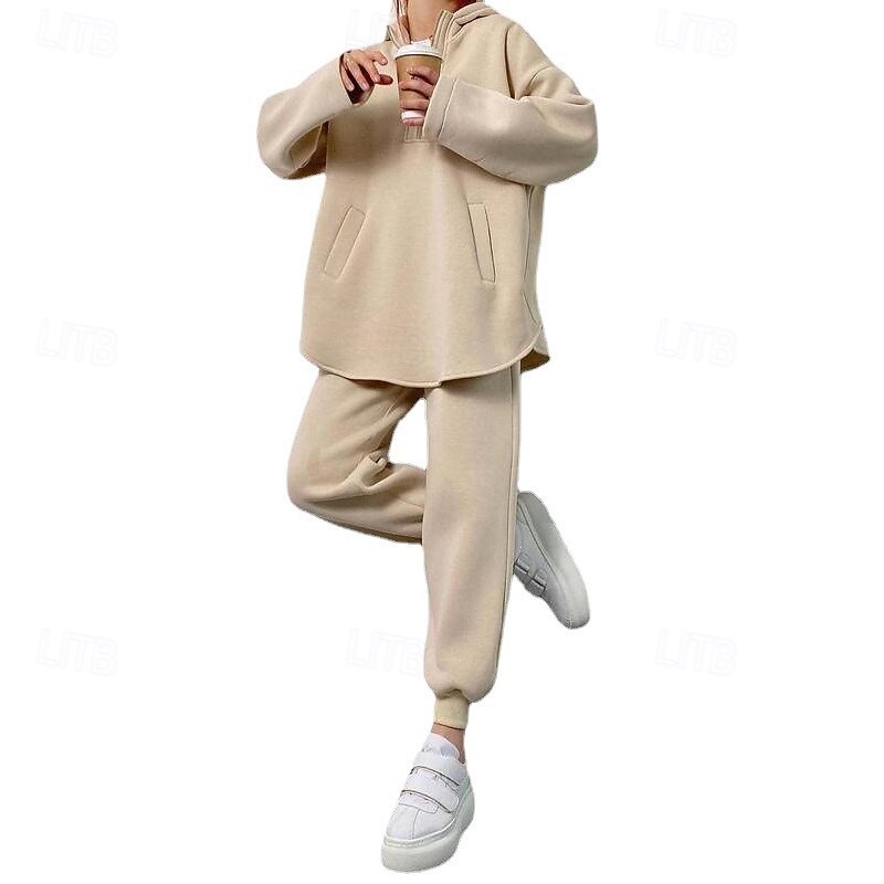 Women's Tracksuit Sweatpants Pullover Sweatshirt Pocket Hooded Solid Colored Clothing Suit Spring Black Blue Gym Training Running High Waist Windproof Lightweight Moisture Wicking Long Sleeve Sport