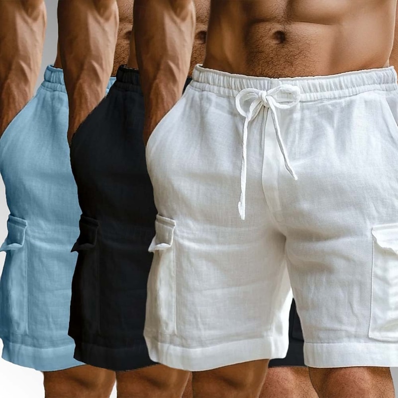 Men's Cargo Shorts Linen Shorts Summer Shorts Beach Shorts Elastic Waist Drawstring Multi Pocket Plain Comfort Breathable Knee Length Outdoor Daily Holiday Vacation Fashion Blue+White+Black2