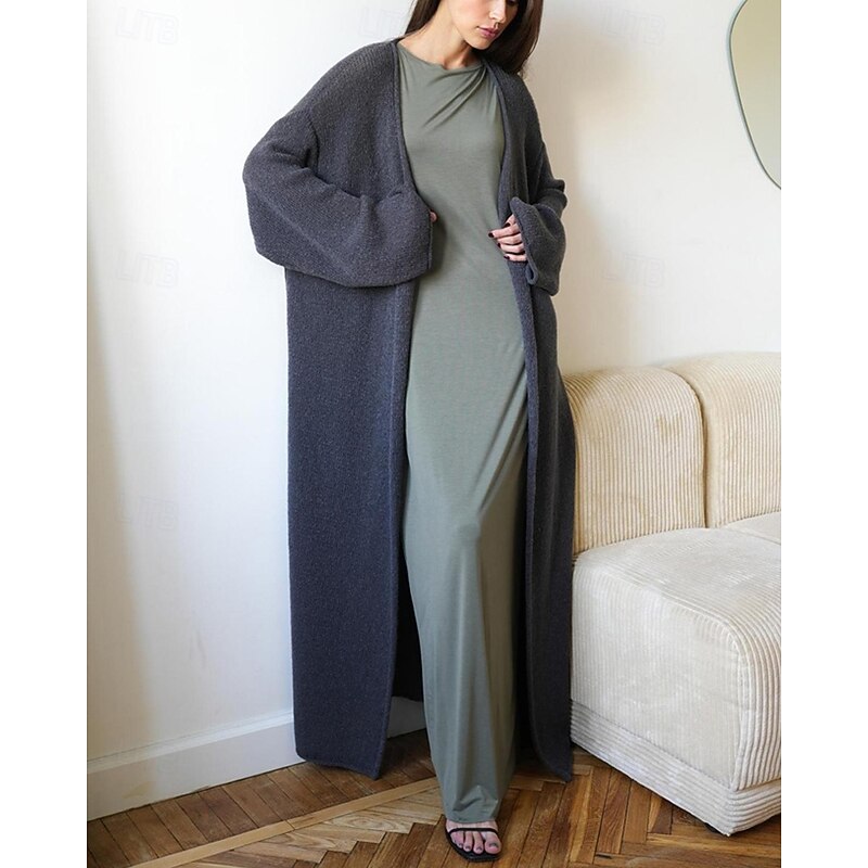 Women's Sweater Cardigan Fashion Streetwear Daily Solid Color Ribbed Open Front Knitted Long Sleeve Long Tops Knit Holiday Going out Weekend White Yellow Fall Winter3