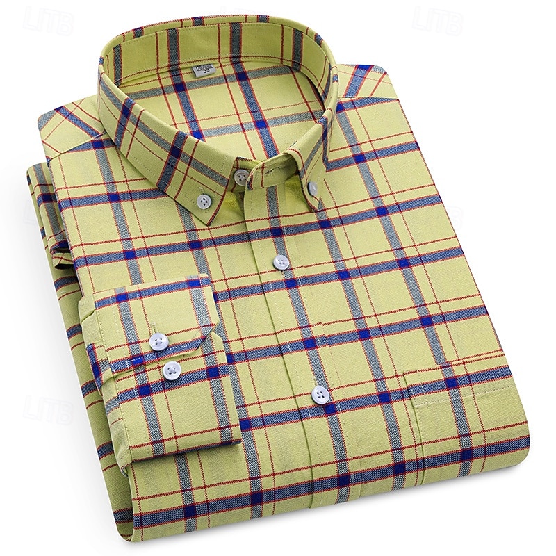Men's Shirt Dress Shirt Button Down Shirt Oxford Shirt Plaid Shirt Collared Shirt Plaid / Striped / Chevron / Round Daily Wear Corporate Clothing Yellow Dark Navy Blue Sky Blue Long Sleeve Shirt
