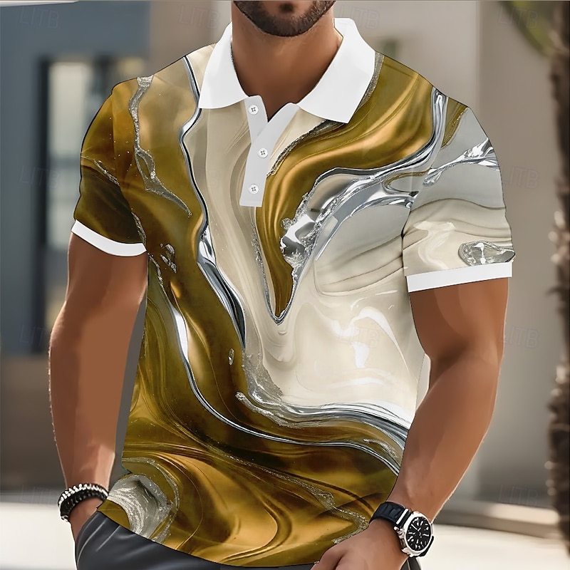 Men's Marble Polo Short Sleeve Polo Shirts Collared Shirts Casual Athleisure Buttons Summer Yellow Blue Purple4
