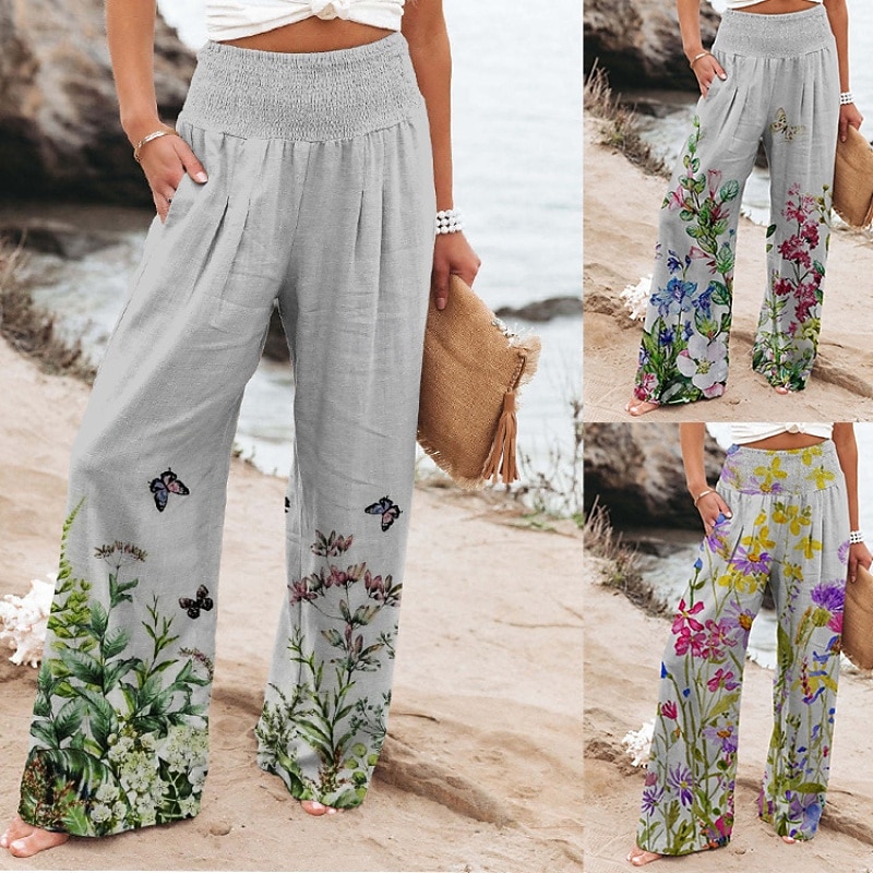 Women's Wide Leg Slacks Streetwear Casual Full Length Natural Flower Pocket Printing Comfortable Street Holiday Daily Wear Grey Pink Blue Purple Fall Regular Fit