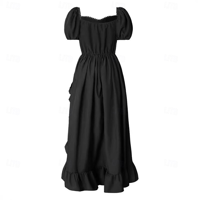 Retro Vintage Medieval Renaissance Midi Dress Viking Elven Ruffle Asymmetric Hem Square Neck Fancy Dress Women's Fantasy Halloween Carnival Vacation Casual Daily LARP Adults Dress Summer2
