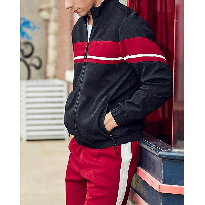 Men's Lightweight Jacket Casual Jacket Set Vacation Daily Pocket 2 Piece Spring Fall Color Block Fashion Classic Stand Collar Regular Black Green Khaki Jacket3