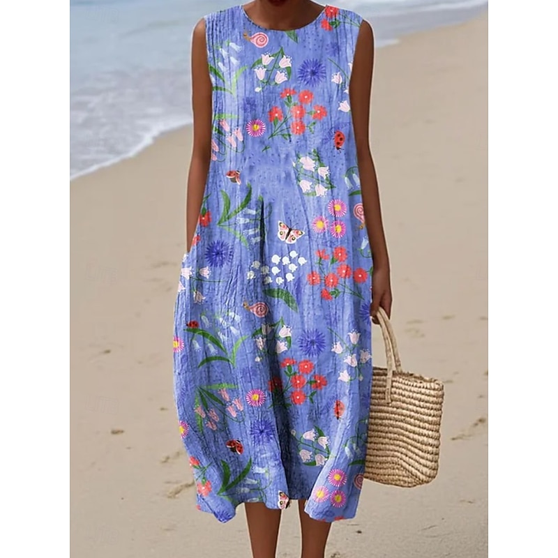 Women's Midi Dress Sundress Shift Dress A Line Dress Vacation Casual Boho Going out Beach Loose Fit Floral Graphic Sleeveless Crewneck Pink Purple Green off-white Summer Spring4