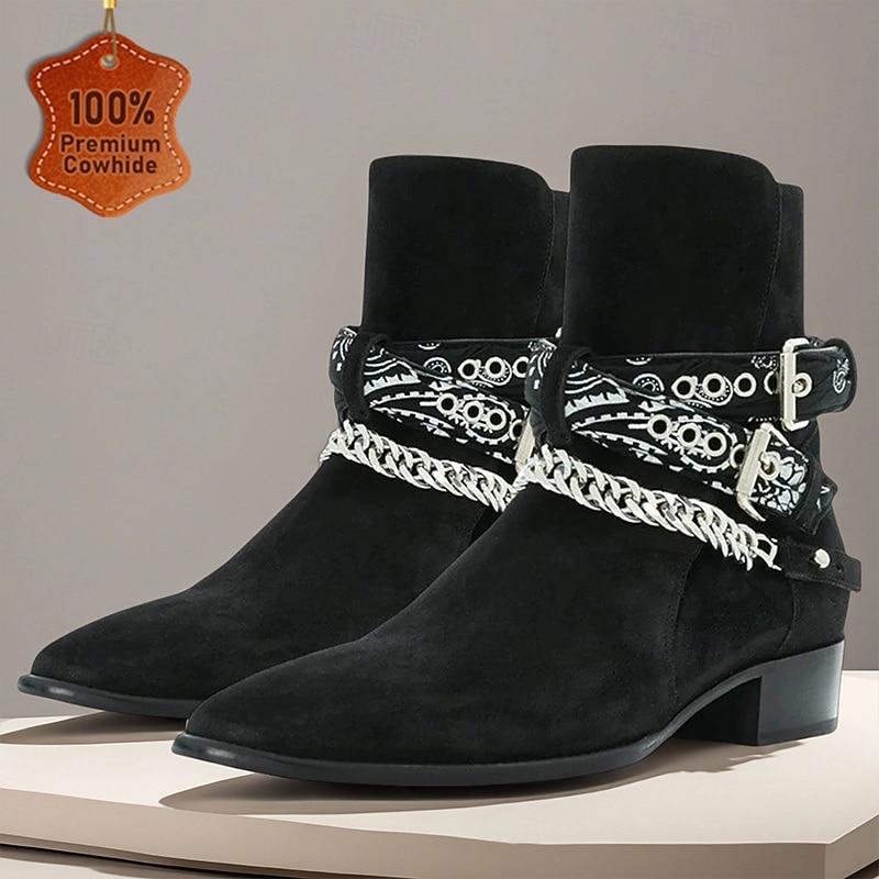 Men's Black Suede Leather Buckle Ankle Boots – Gothic Western Cowboy Style Boots with Chain Decor for Rock Concerts & Streetwear