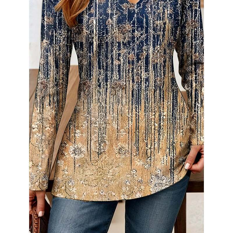 Women's T Shirt Ombre Graphic Striped Vintage Stylish Classic Long Sleeve V Neck Regular Tops Daily Tassel Tie Print Khaki Spring Fall3