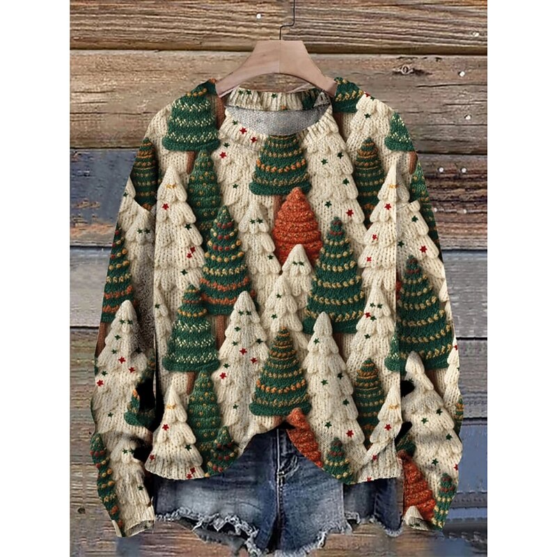 Women's Sweater Casual Soft Tree Ribbed Crew Neck Knitted Print Long Sleeve Regular Tops Knit Outdoor Daily Weekend Light Green Pink Fall Winter4