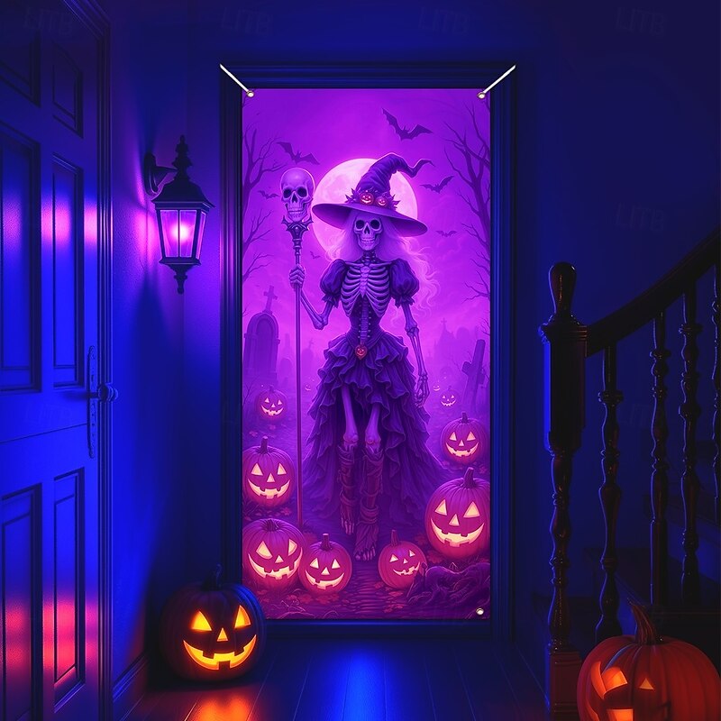 Halloween Door Cover Neon Witch with Broom Banner, Glowing Blacklight Entrance Decoration for Outdoor & Indoor 2025 Halloween Bedroom, Living Room, Bathroom3