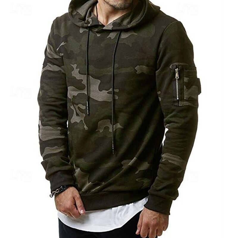 Men's Hoodie Green Gray Hooded Camo / Camouflage Sports & Outdoor Daily Holiday Polyester Streetwear Basic Casual Fall Winter Clothing Apparel Hoodies Sweatshirts