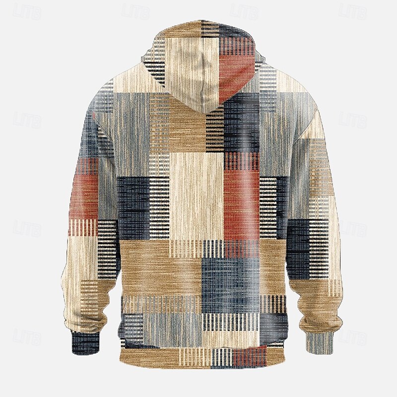 Men's Geometric Plaid Hoodies Sweatshirt Ethnic Cowboy Long Sleeve Crew Neck Holiday Streetwear Red Blue Drawstring Fall Winter Designer2