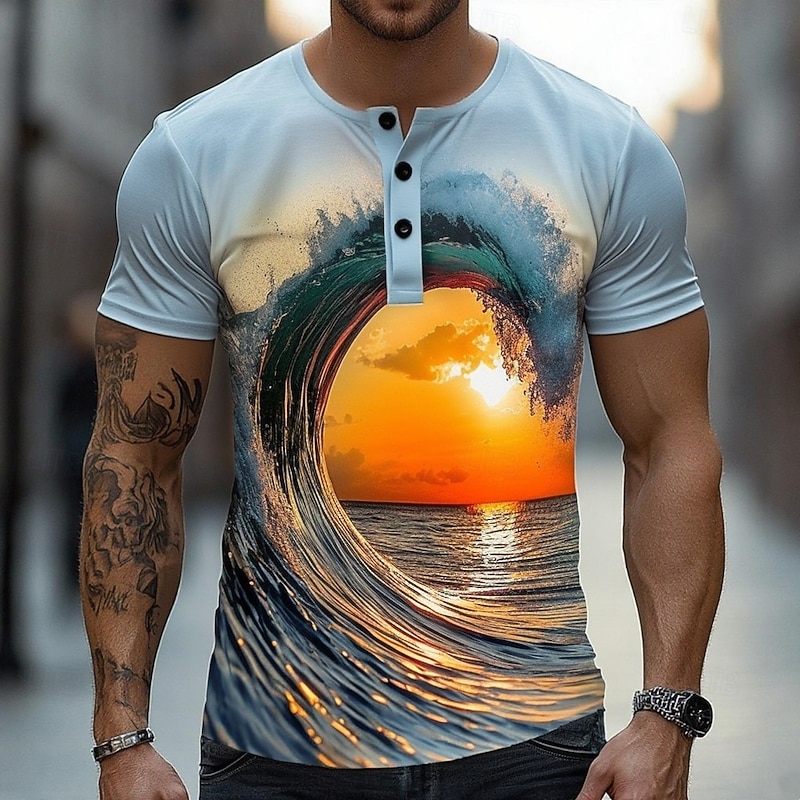 Men's Graphic 3D T Shirt Henley Shirt Short Sleeve Designer Retro Vintage Casual Street Casual Daily Summer Spring All Seasons Light Blue Henley Henley T-Shirt