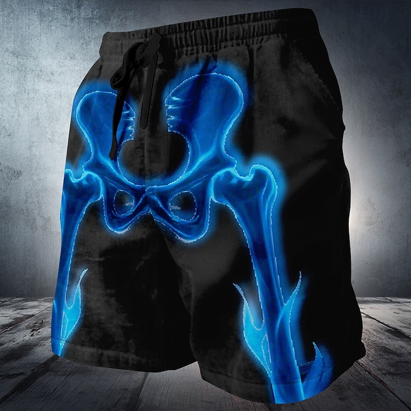 Men's Glow in the Dark Bone Skeleton Sweat Shorts Beach Shorts Terry Shorts Mid Waist Dark Punk Gothic Style Holiday 3D Print with Side Pocket Elastic Drawstring Waist Designer Clothing Apparel