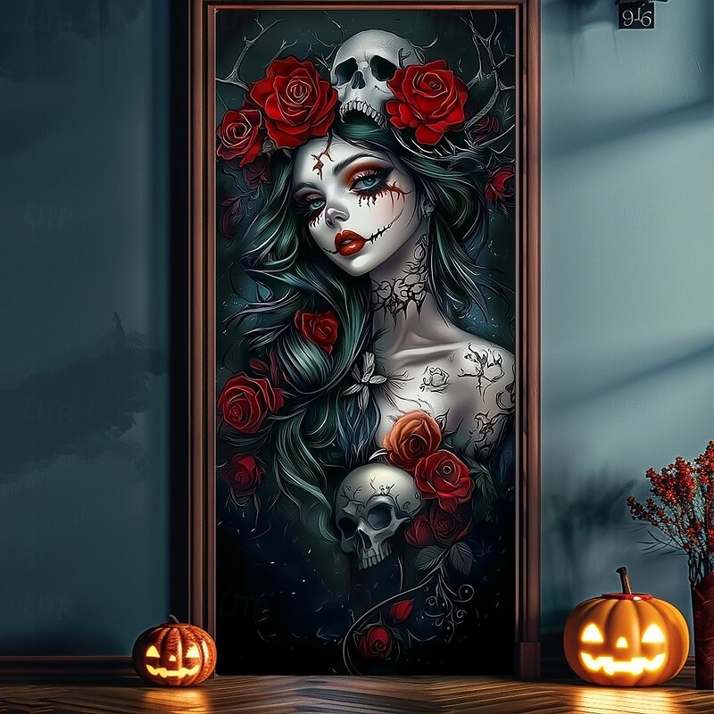 Halloween Door Cover – Gothic Skeleton Bride with Red Roses, Haunted House Entrance Banner, Horror Outdoor 2025 Halloween Decoration for Bedroom, Living Room, Bathroom