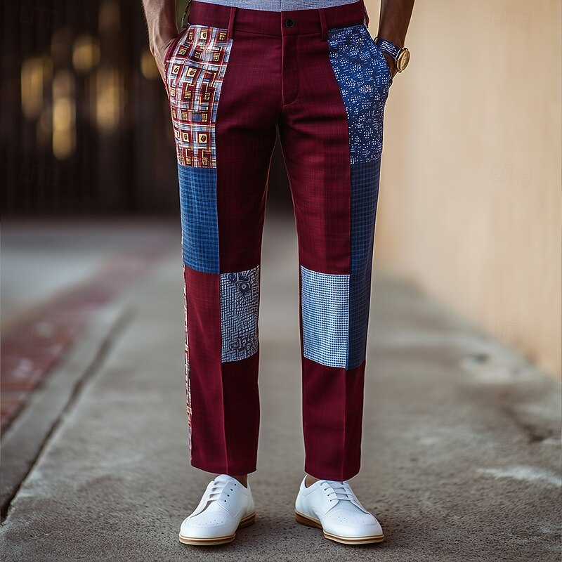 Men's Geometric Color Block Dress Pants Trousers Suit Pants Mid Waist Ethnic Vintage Retro Outdoor Vacation Regular Fit Flat-Front Straight Leg Pants with Pockets Summer Spring Fall 3D Print Wine2