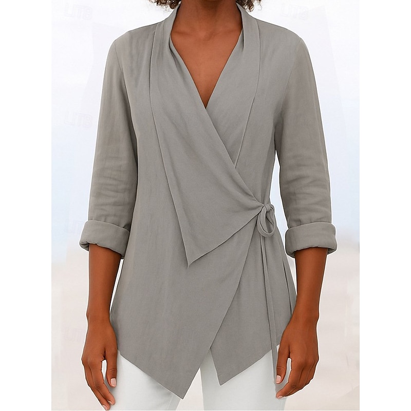 Women's Blouse Solid Color Elegant Stylish Basic Long Sleeve V Neck Regular Tops Daily Holiday Tie Front Black Pink Blue Brown Gray Summer Fall