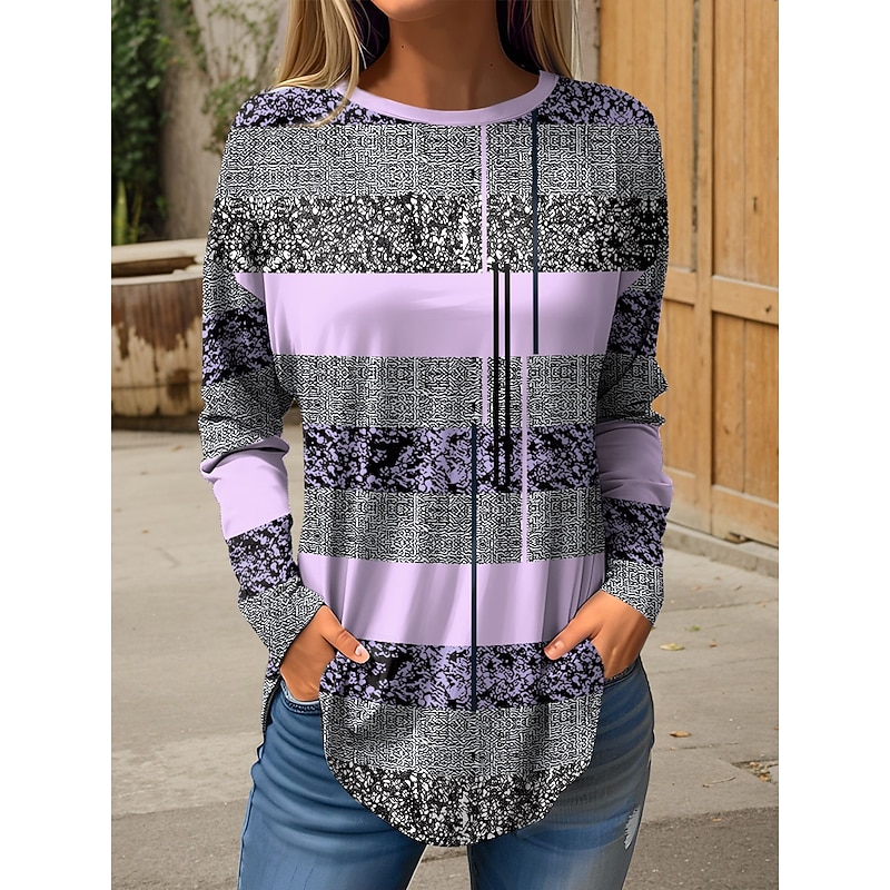 Women's T Shirt Graphic Geometric Vintage Fashion Stylish Long Sleeve Crew Neck Round Neck Regular Tops Weekend Print Blue Purple Green Gray Spring Fall