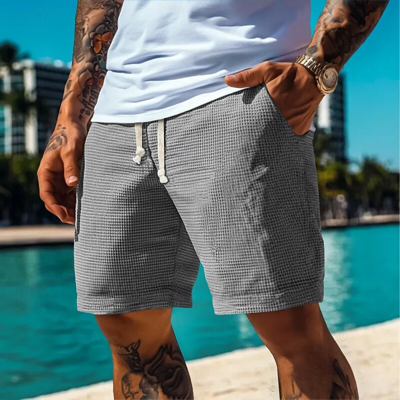 Men's Waffle Shorts Sweat Shorts Beach Shorts Running Shorts Gym Shorts Elastic Waist Drawstring Plain Comfort Knee Length Outdoor Casual Daily Vacation Classic Style White Blue3