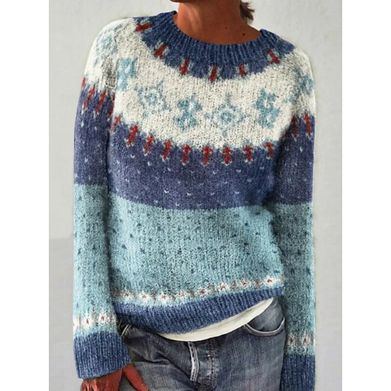 Women's Sweater Casual Soft Geometric Striped Ribbed Crew Neck Knitted Long Sleeve Regular Tops Knit Outdoor Daily Weekend Navy Blue Royal Blue Fall Winter2