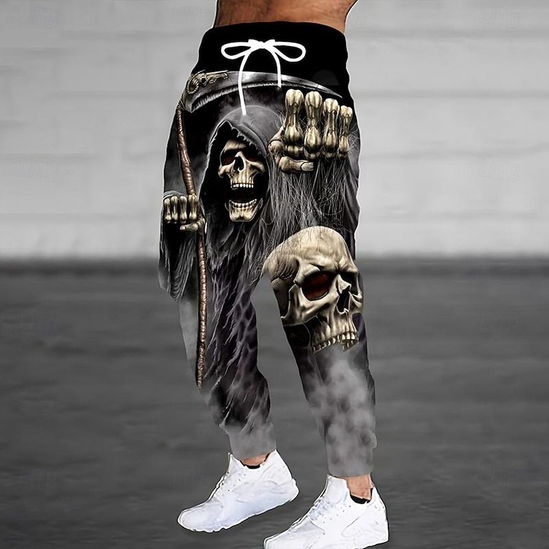 Men's Skull Death Halloween Costumes Sweatpants Joggers Trousers Mid Waist Drawstring Elastic Waist Dark Gothic Style Jogging Streetwear Workout Athletic Sweatpants with Pockets Spring Fall 3D Print