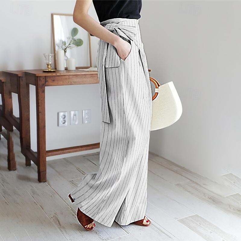 Women's Dress Pants Wide Leg Pants Trousers Fashion Streetwear Full Length High Waist Stripe Drawstring Breathability Comfortable Street Daily Wear Going out White Blue Dark Gray Spring Fall Regular2