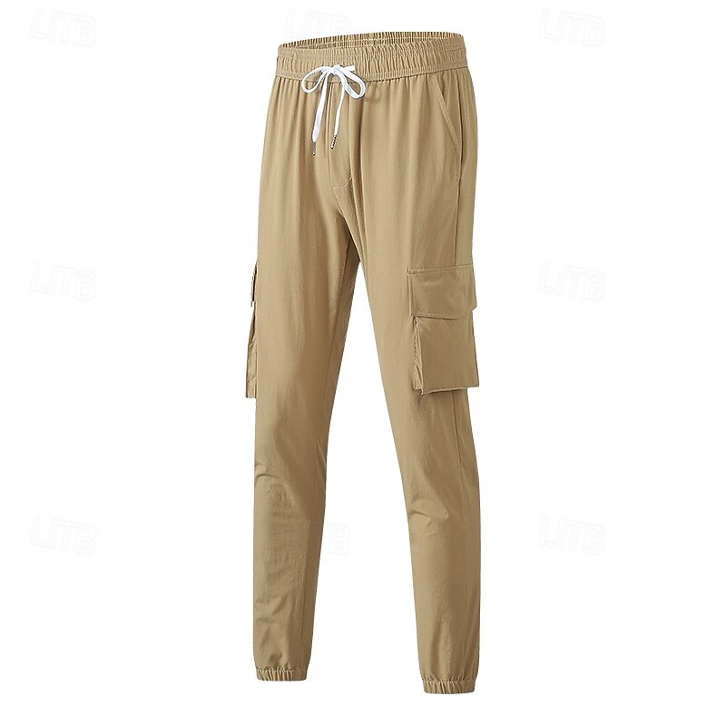 Men's Cargo Pants Joggers Trousers Casual Pants Pocket Elastic Waist Drawstring Plain Soft Sports Full Length Sports Outdoor Daily Stylish Classic Loose Fit Black 1# Khaki3