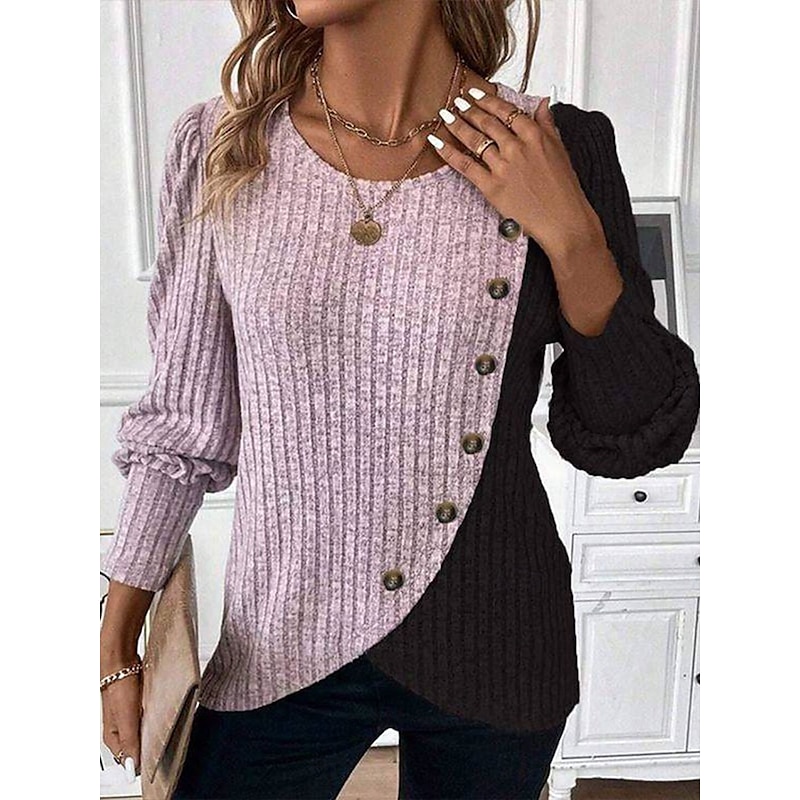 Women's Blouse Geometric Color Block Tropical Stylish Casual Long Sleeve Crew Neck Regular Tops Daily Patchwork Buttons Pink Sky Blue Gray Spring Fall Winter