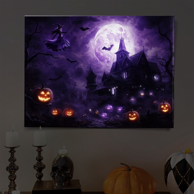 Halloween Purple Sky Haunted Scene LED Canvas Wall Art - Battery Operated Lighted Wall Decor for 2025 Halloween home decoration light livingroom and bedroom