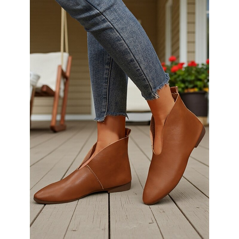 Women's Brown Faux Leather Flat Booties – Minimalist Casual Ankle Shoes for Fall, Porch Relaxation and Everyday Outfits4