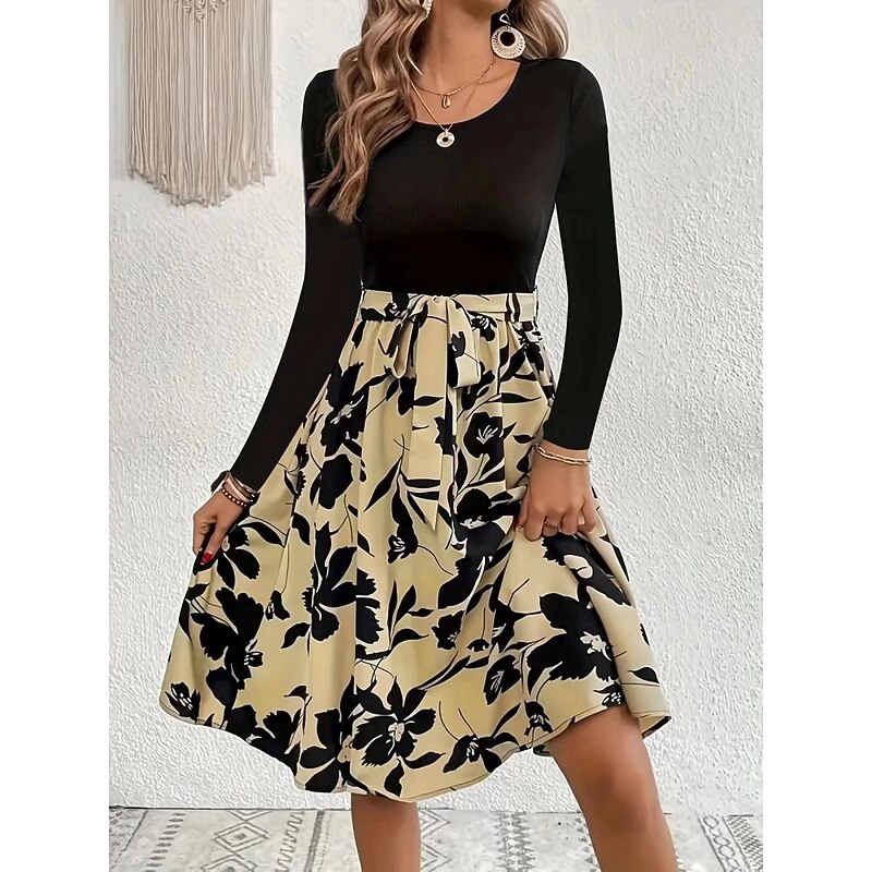 Women's Mini Dress A Line Dress Casual Daily Regular Fit Floral Graphic Long Sleeve Crew Neck Dark Yellow White Yellow Wine Summer