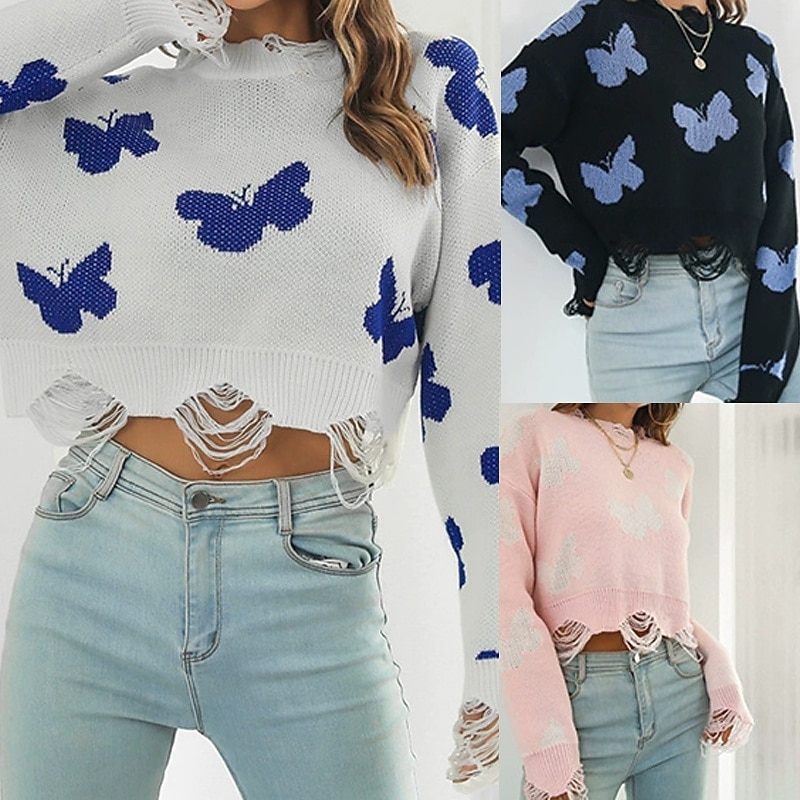 Women's Pullover Casual Butterfly Chunky Crew Neck Knitted Long Sleeve Regular Tops Knit Daily Holiday Going out Black White Fall Winter