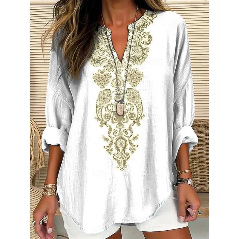 Women's Shirt Floral Vintage Daily Casual Long Sleeve V Neck Regular Tops Daily Holiday Buttons Print White Spring Fall