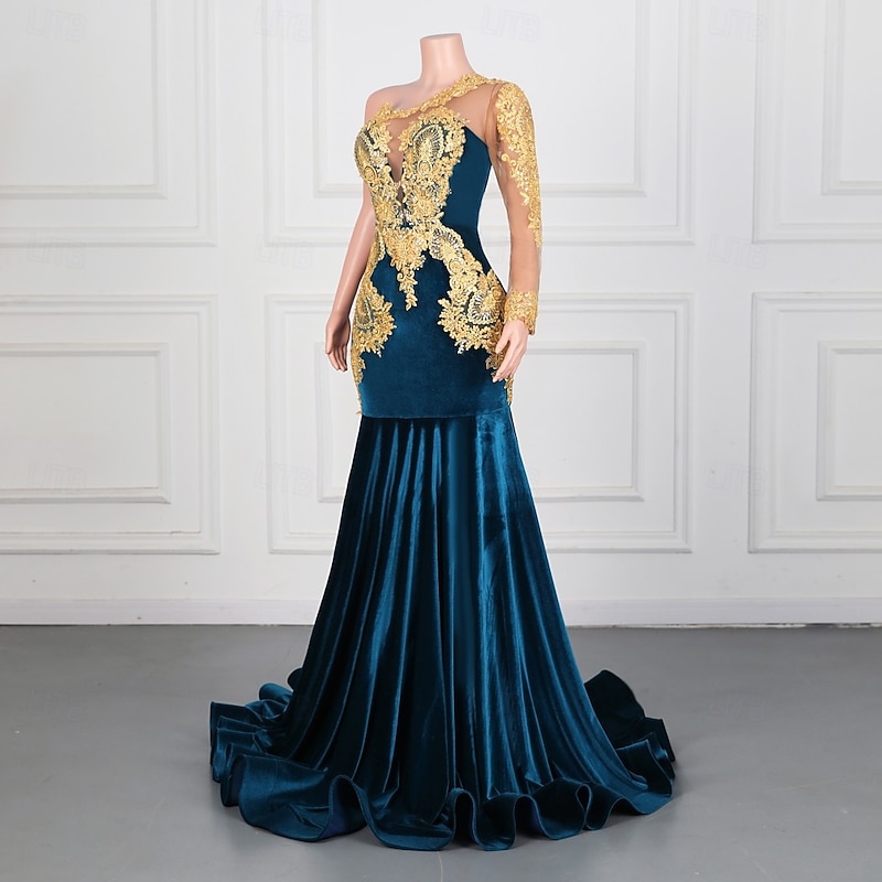 Mermaid / Trumpet Evening Gown Elegant Dress Formal Prom Sweep / Brush Train Long Sleeve One Shoulder Velvet with Pearls Appliques3