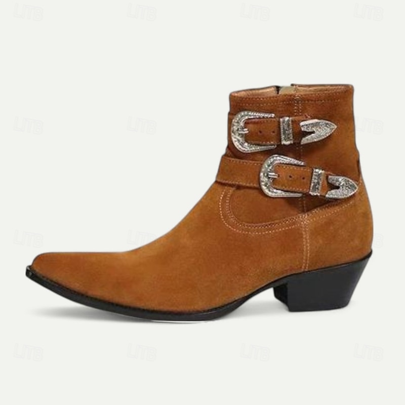 Men's Suede Leather Buckle Ankle Boots – Western Cowboy Style Retro Dress Boots for Fall Outfits & Daily Wear4