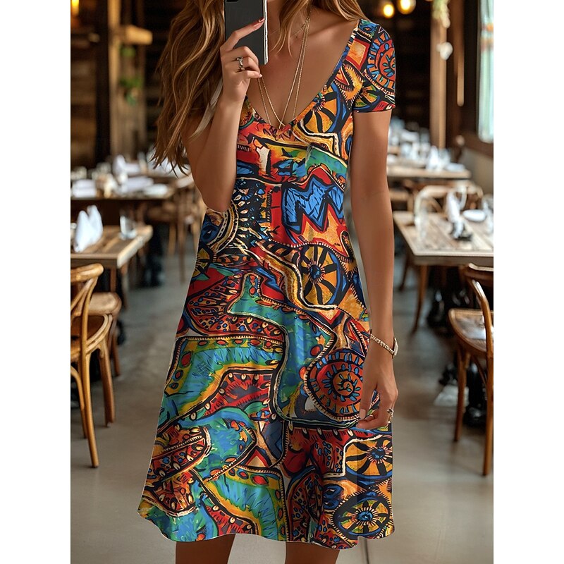 Women's Mini Dress Knit Dress Casual Dress T Shirt Dress Tee Dress Sundress Elegant Vacation Casual Beach Regular Fit Graphic Geometric Abstract Short Sleeve V Neck Yellow Blue Purple Orange Summer