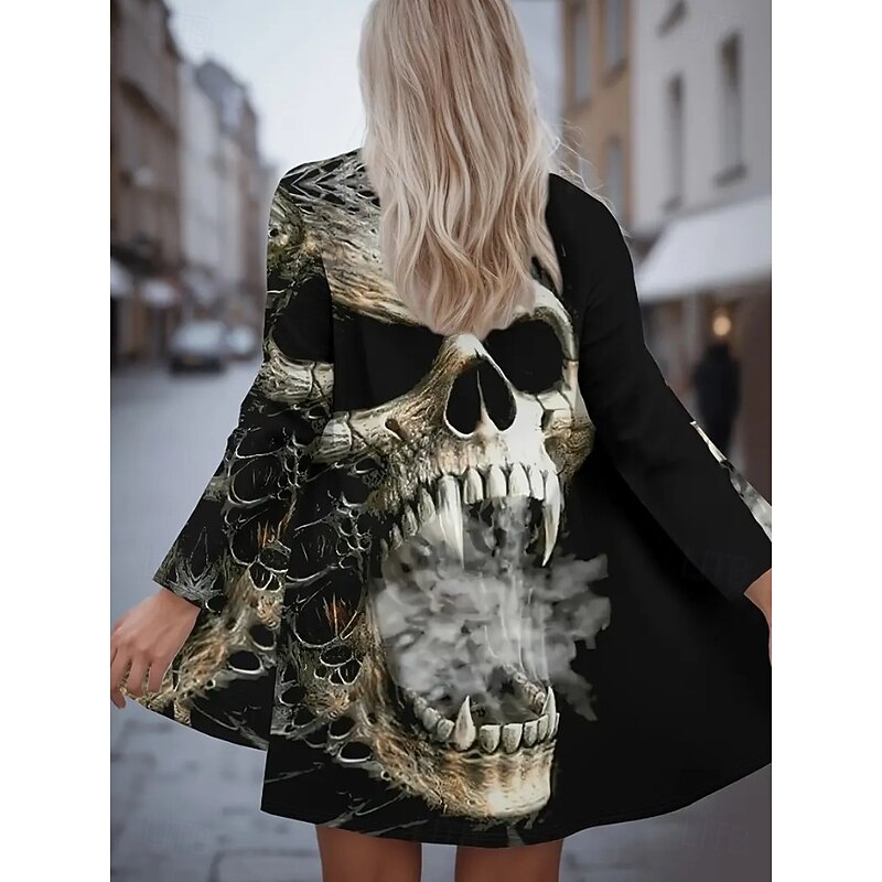 Halloween Women's Coat Lightweight Skulls Comfortable 3D Print Vintage Artistic Casual Skull Casual Long Collarless Regular Fit Long Sleeve Outerwear Black White Red Spring Fall4