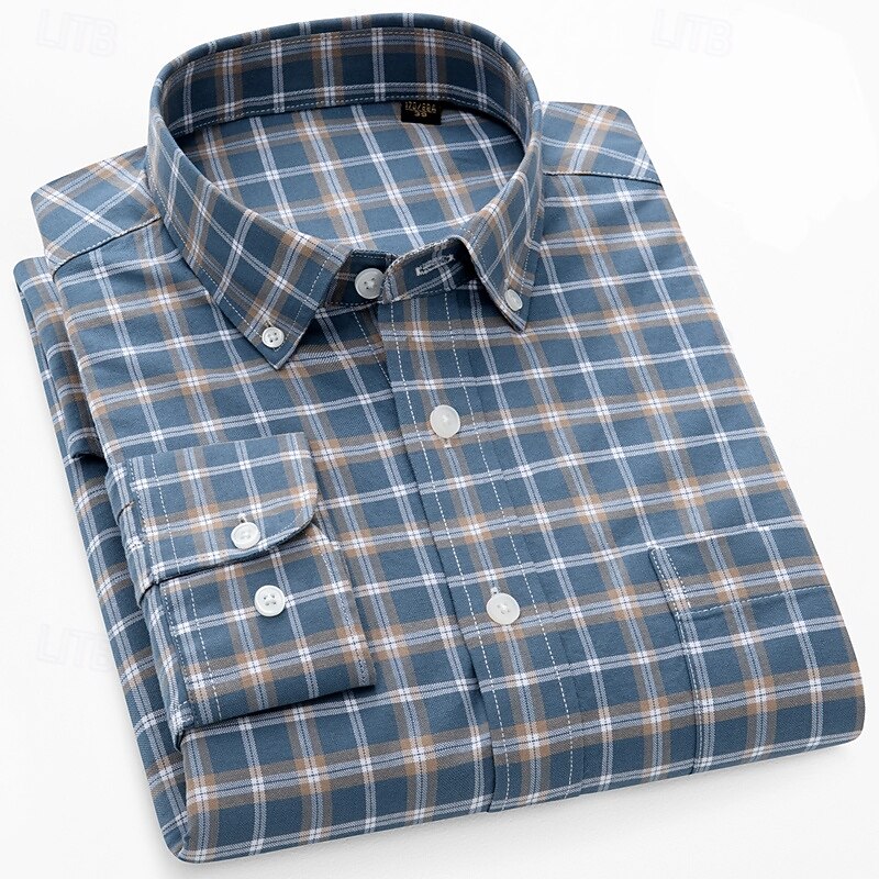 Men's Shirt Dress Shirt Button Down Shirt Oxford Shirt Plaid Shirt Collared Shirt Plaid / Check Daily Wear Corporate Clothing Dark Navy Navy Blue Blue Green Long Sleeve Shirt Collar All Seasons4