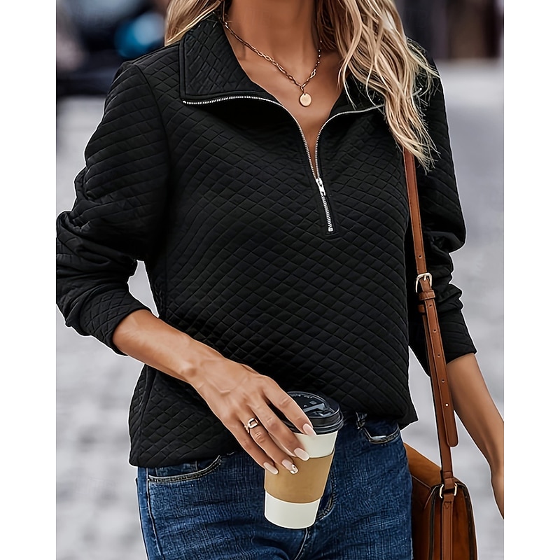 Women's Texture Sweatshirt Pullover Hoodie Sweatshirt Plain Streetwear Casual Comfy Long Sleeve V Neck Regular Tops Street Holiday Going out Half Zipper Quarter Zipper Quarter Zip Black Fall3