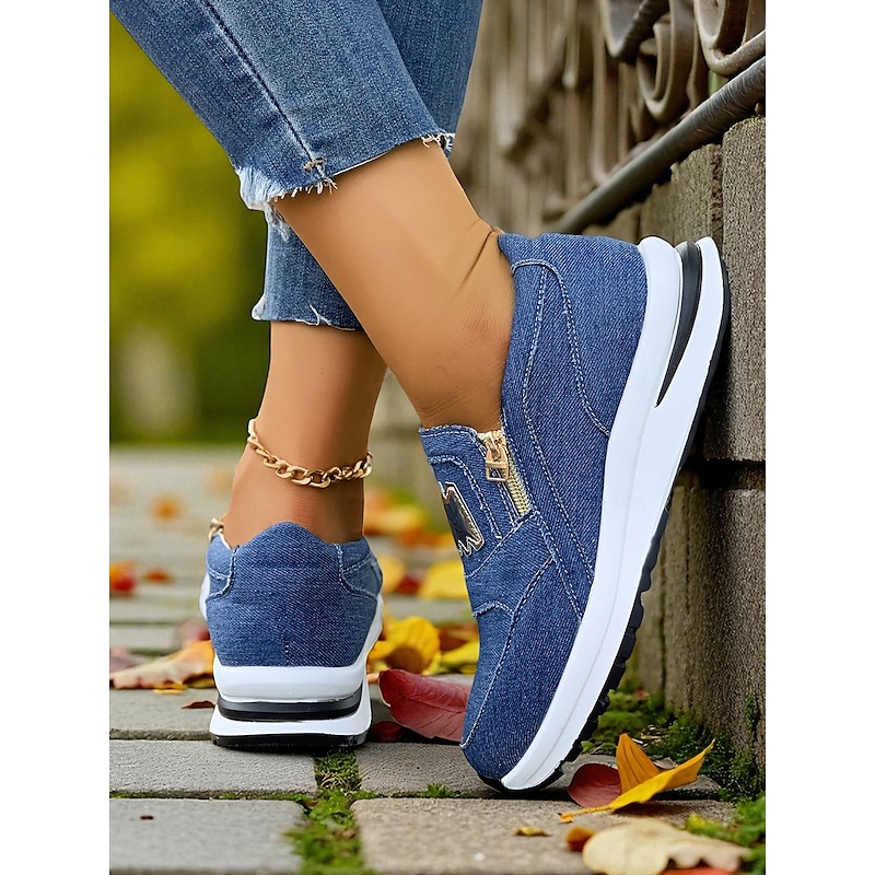 Women's Denim Slip-On Sneakers with Gold Detail – Lightweight Casual Walking Shoes with Side Zipper for Shopping, Urban Commutes and Weekend Getaways4