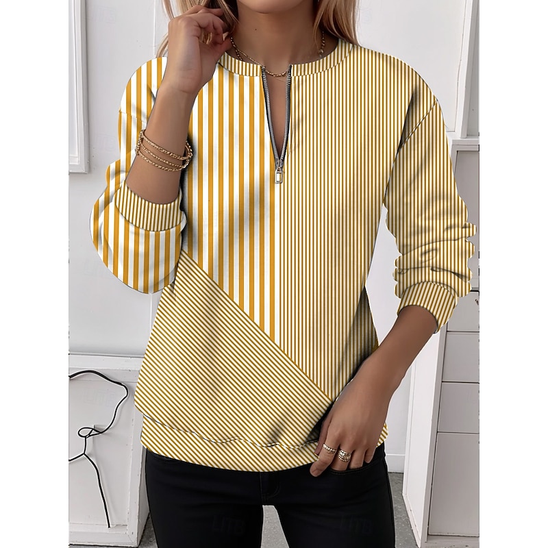 Women's Zip Up Sweatshirts Graphic Striped Casual Long Sleeve Crew Neck Regular Tops Street Dailywear Half Zip Print Yellow Red Blue Purple Green Spring Fall Winter2