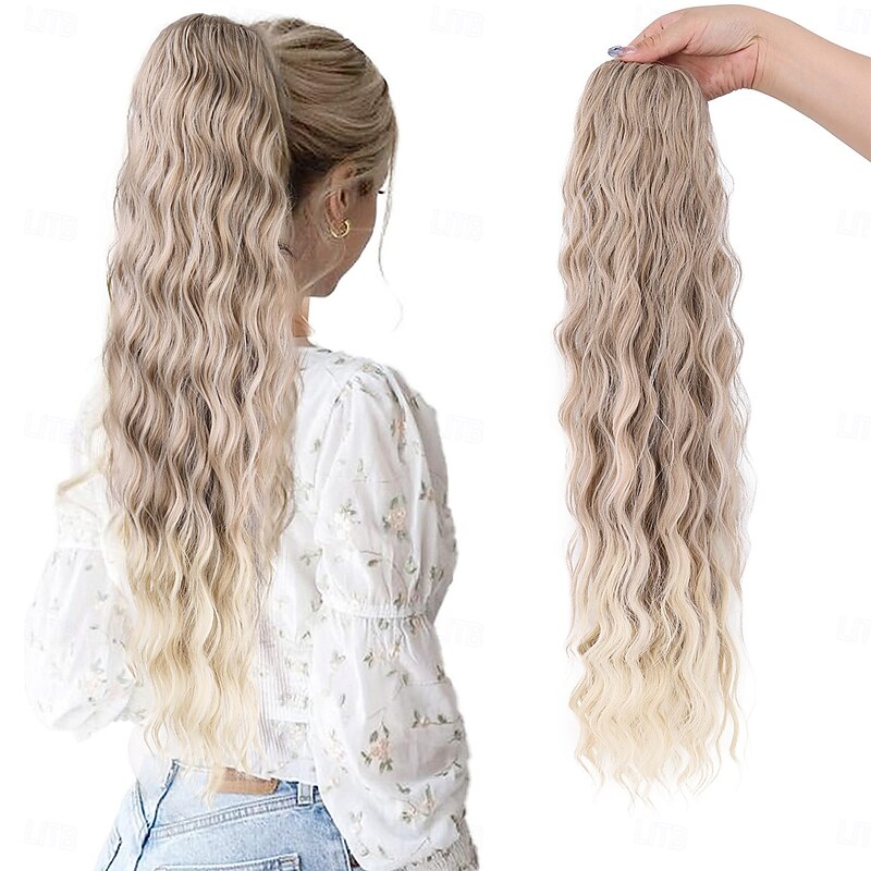 Highlight Drawstring Ponytail Extension PT005 Isabella 26 Long Bohemian Curly Pony Tail Multi Layered Light Soft Clip in Hair Extensions Ponytail Medium Blonde White Blonde Highlights