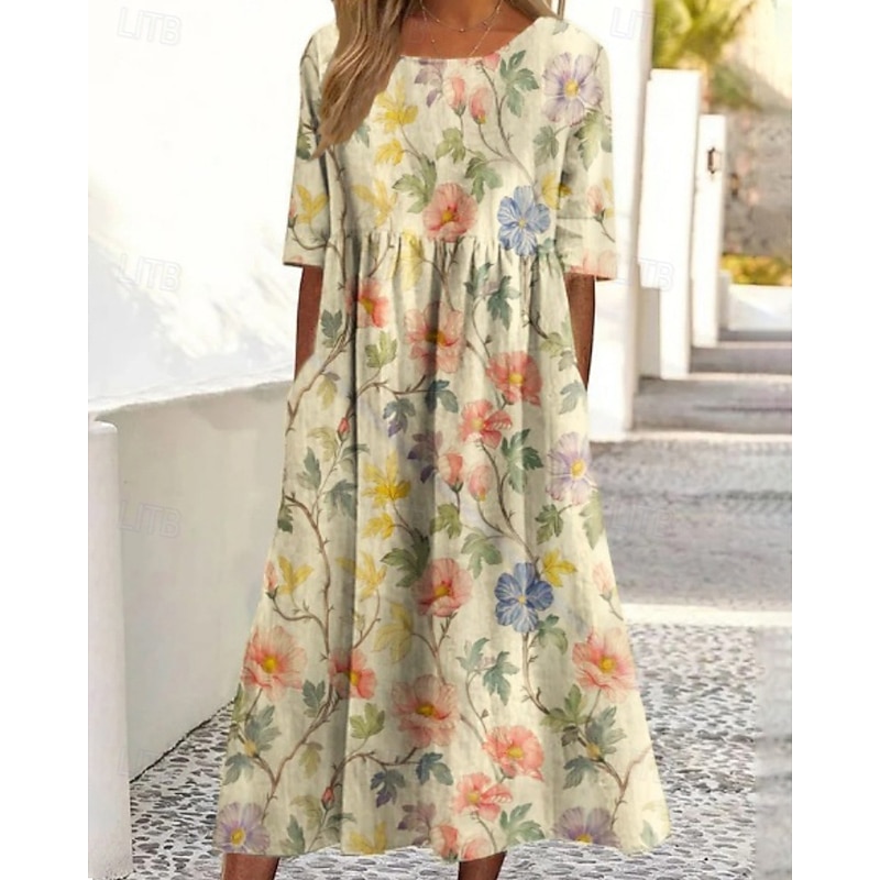 Women's Midi Dress Casual Dress Floral Dress Classic Modern Outdoor Daily Holiday Regular Fit Flower Short Sleeve Crew Neck Yellow Blue Fuchsia Apricot Fall - Main Image
