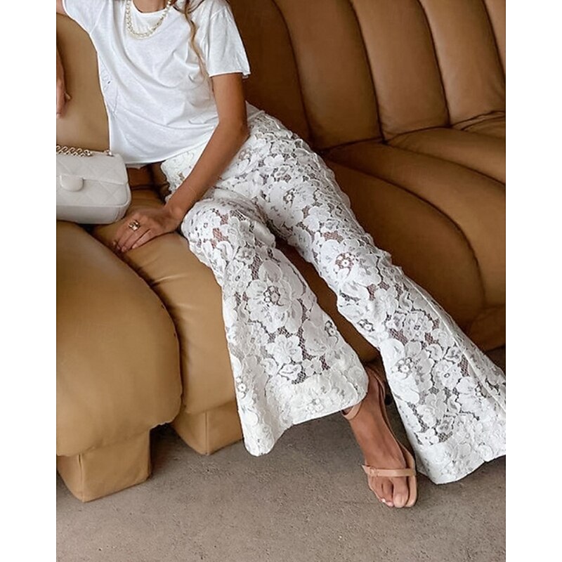 Women's Wide Leg Bell Bottom Slacks Streetwear Casual Full Length Natural Plain Lace Elastic Waist Soft Holiday Daily Wear Weekend White Fall Regular Fit2