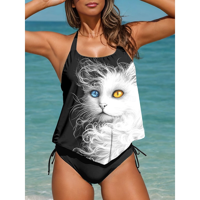 Women's Swimwear Tankini 2 Piece Cheeky Swimsuit Backless Vacation Beach Wear Graphic Cat Halter Neck Sleeveless Bathing Suits3
