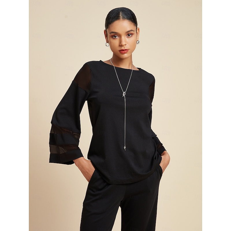 Women's Casual Style Chiffon Modal Solid / Plain Color Daily Wear Date Going out Illusion Sleeve Black Crewneck Pure Color Loose Long Sleeve Elegant Casual Daily Crew Neck Spring & Summer4
